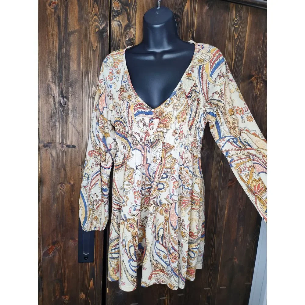 Melloday Anthropologie Mini Dress Paisley Small‎ Boho Style Long sleeve popover